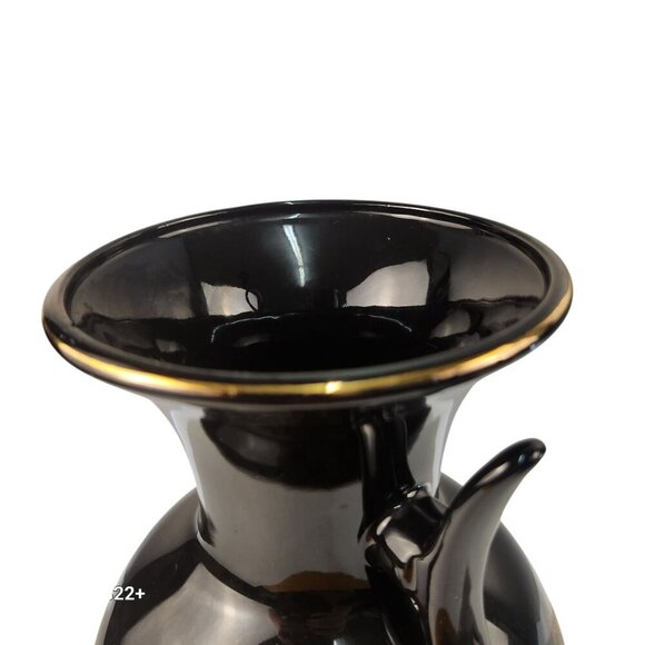 Vintage Black Ceramic Vase With Floral & Peacock Motif Gold Accents Decorative D - Picture 11 of 16